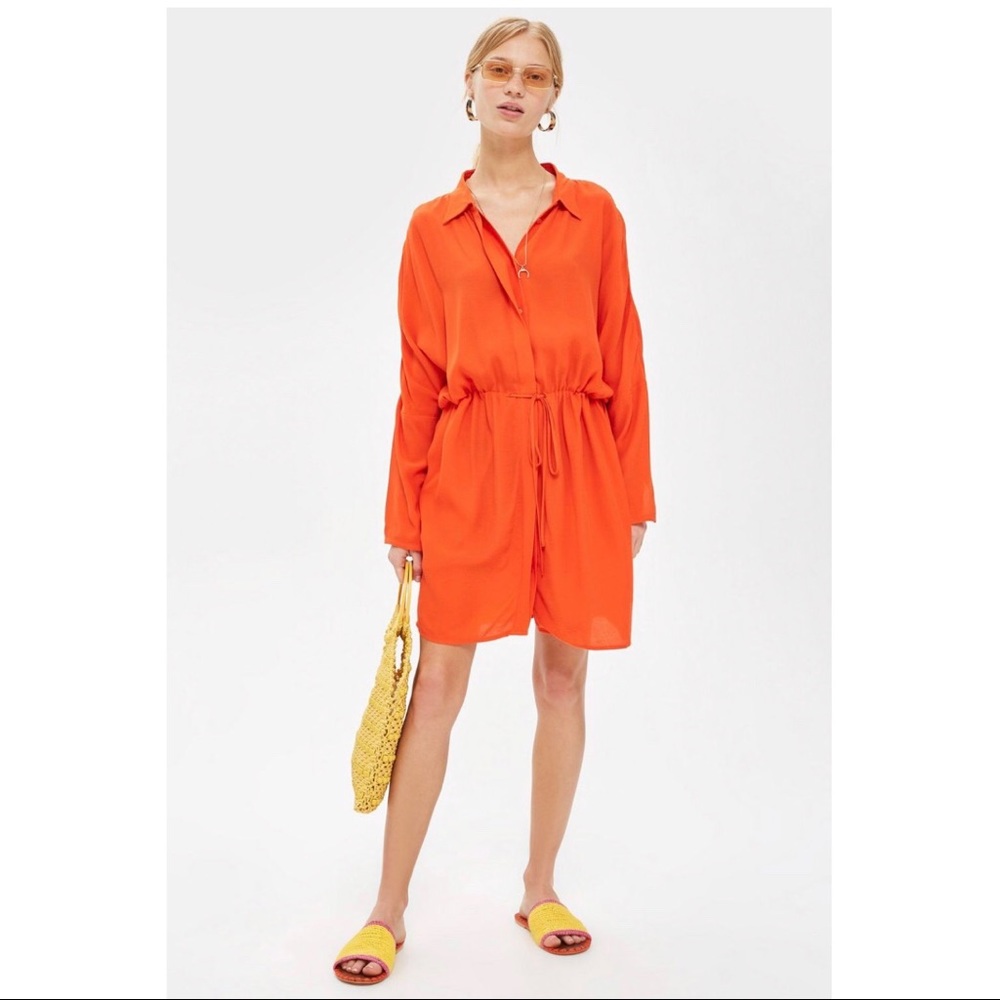 Topshop Orange Drawstring Shirt Dress US4